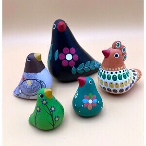 5 Hand Painted Gloria a Dios Small Clay Bird Figurines- Costa Rica